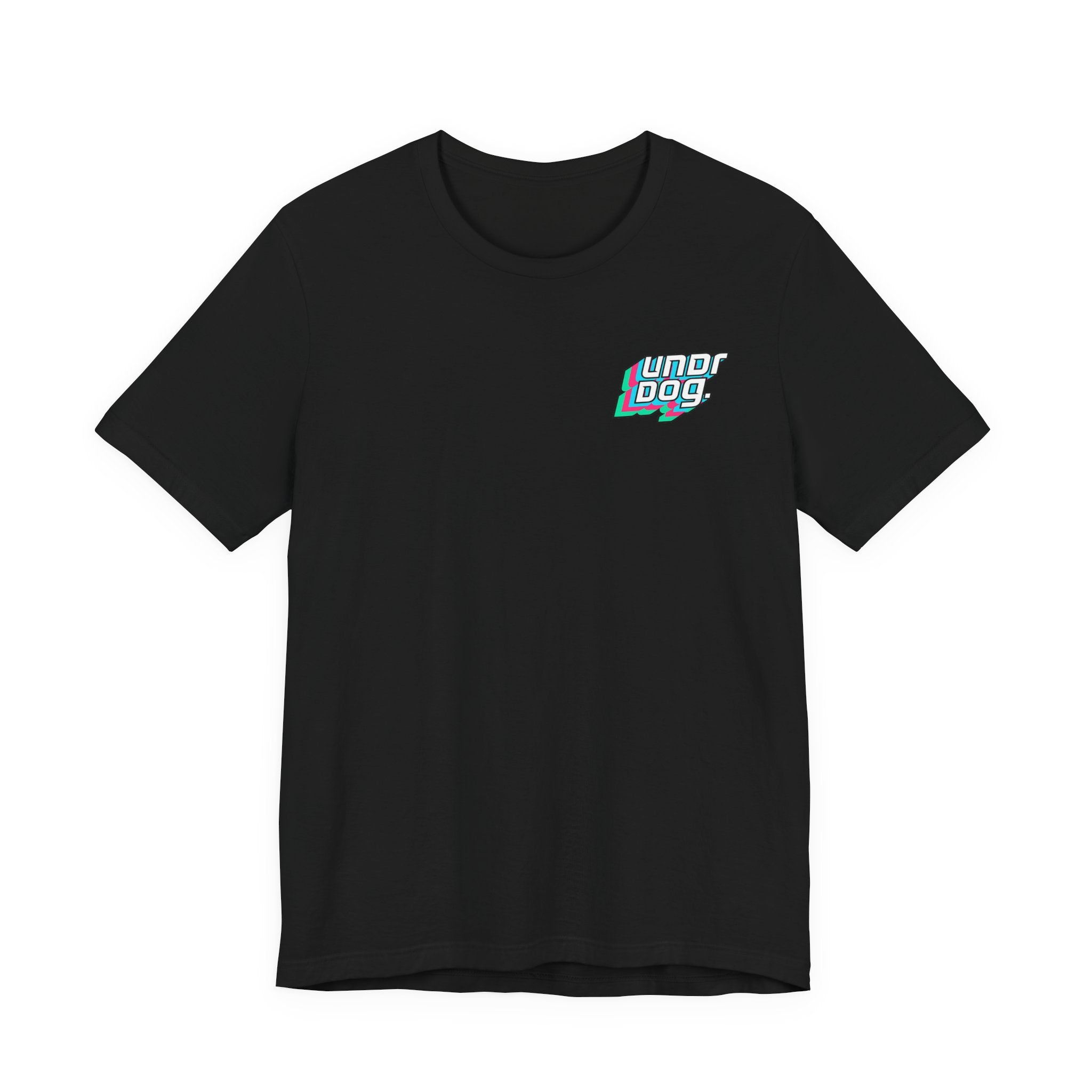 A plain black Unisex Jersey Short Sleeve Tee by Printify, made from soft Airlume combed cotton, features a small, colorful "UND DOG!" logo on the upper left chest area. This shirt has short sleeves and a classic round neckline.