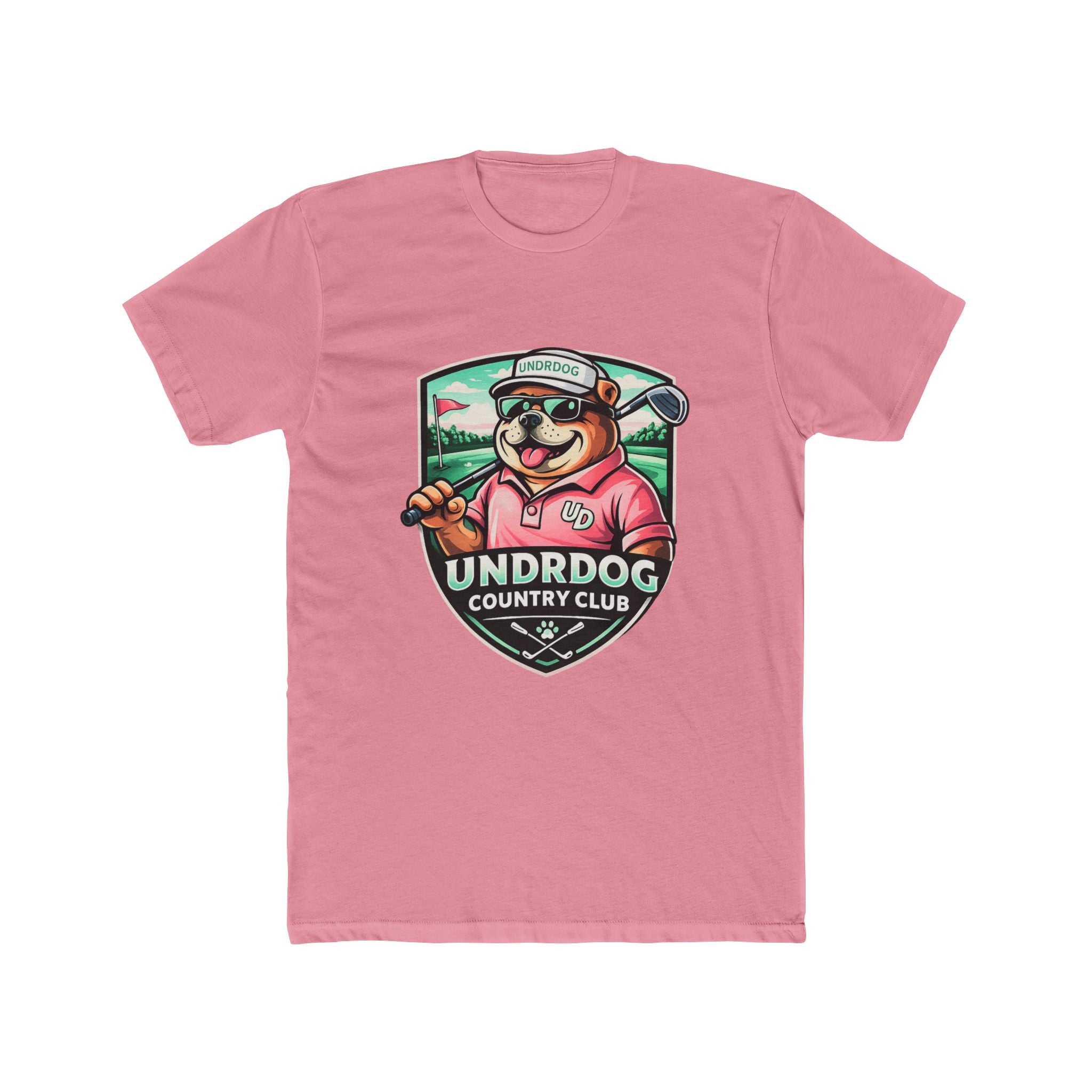 The Underdog Country Club Golf T-Shirt by Printify features a vintage cartoon pup in golf gear with "UNDRDOG COUNTRY CLUB" inside a shield—ideal for fans of fun, casual golf apparel.