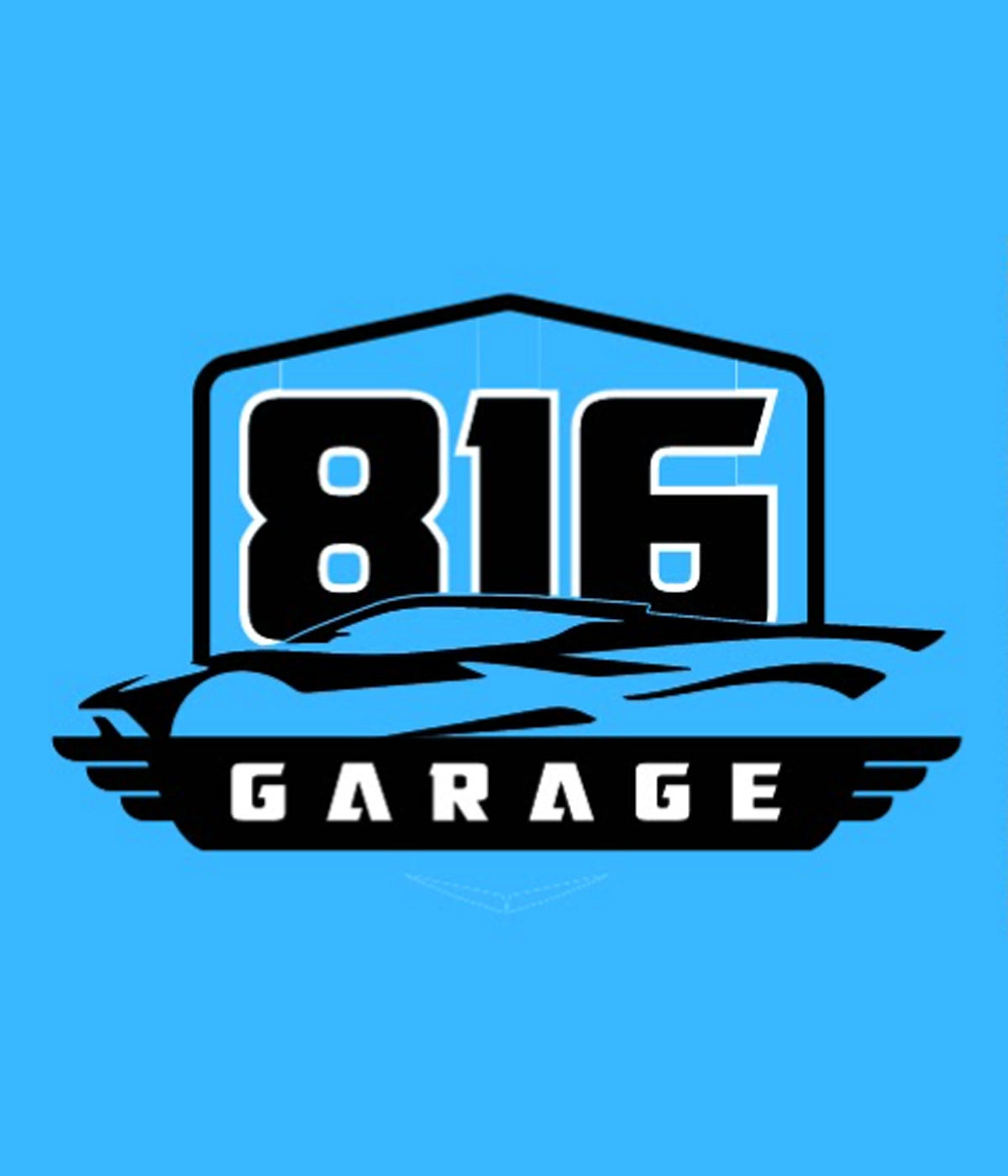 Logo with a blue background featuring the text "816 Garage" in bold, black and white letters. Above the word "Garage" is a stylized black silhouette of a car, with the numbers "816" prominently placed above it.