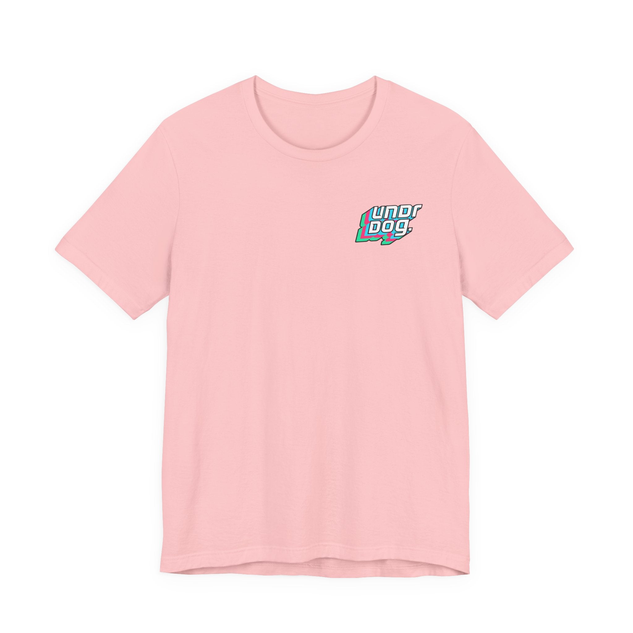A light pink Printify Unisex Jersey Short Sleeve Tee is shown laid flat on a white background, featuring a small, colorful "UNDR DOG" graphic on the left chest. Made from soft Airlume combed cotton, this shirt offers comfort and style for any wardrobe.