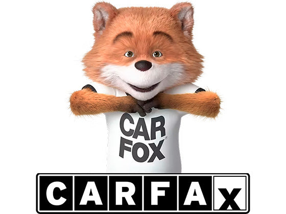 A cartoon fox character with orange fur and a white snout stands smiling, wearing a white T-shirt with "CAR FOX" printed on it. Below the character, the word "CARFAX" is displayed in bold black and white lettering.
