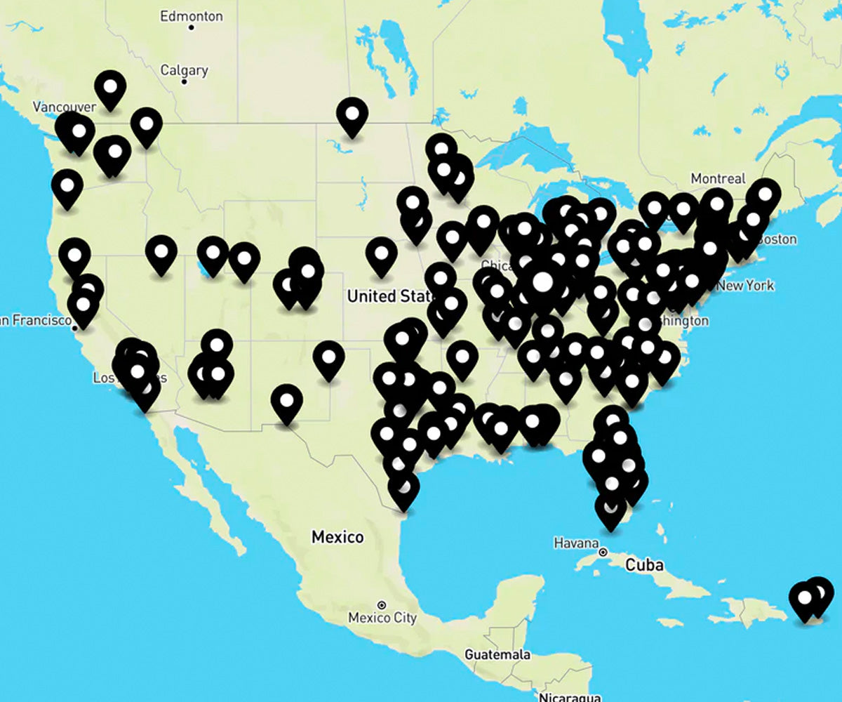 Map of parts of North America showing numerous black-and-white location markers concentrated mainly in the central and eastern United States, with a few in Canada and Mexico.