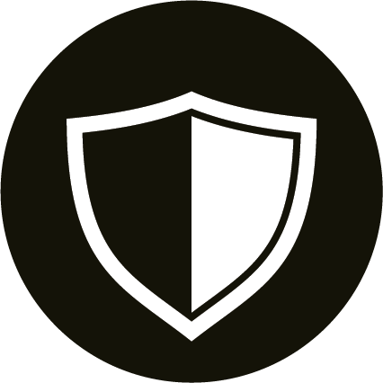 A black and white security shield icon. The shield is split down the middle with the left half shaded black and the right half white. The shield has a simple, classic shape, and is centered in a black circle.