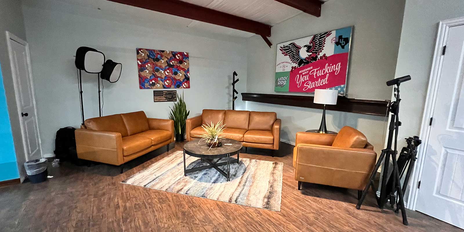 A room with brown leather sofas and a chair arranged around a round coffee table with plants. Artwork and posters hang on the wall, and studio lights are positioned around the seating area. The floor is wooden, and a rug lies under the table.