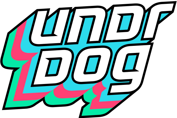 The image displays "undrdog" in bold, white letters with a black outline. Vibrant blue, pink, and green shadows evoke Undrdog Surface Products’ premium detailing and ceramic protection, promoting their Gift Card.