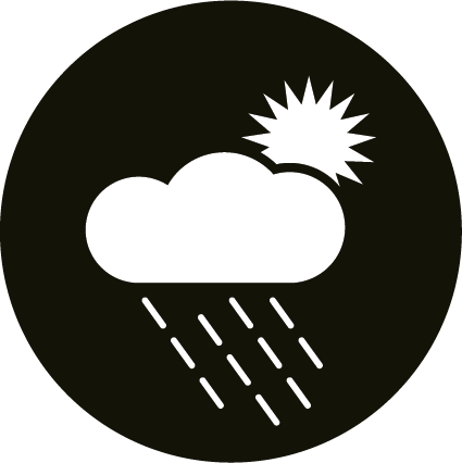 Icon depicting a weather symbol: a black circle with a white cloud and raindrops in the center. A sun with rays is partially visible behind the cloud.