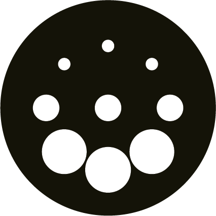 A circular black icon featuring a cluster of white circles. Three larger circles form a curve at the bottom, two medium circles are above them, and a smaller triangle of circles is at the top.