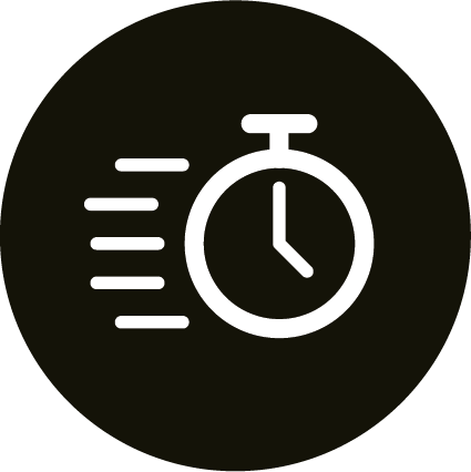 A white stopwatch icon with motion lines on a black circular background, suggesting speed or quickness.