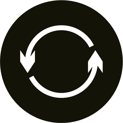 A black circle contains two white arrows forming a continuous loop, pointing clockwise.