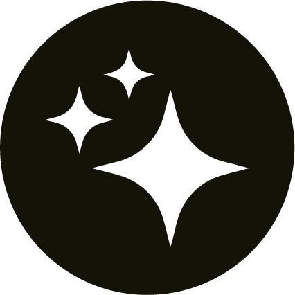 A black circle contains three white, sparkling star icons of different sizes, with sharp, angular points. The stars are evenly spaced, creating a balanced and symmetrical design.