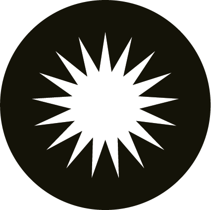 A black circle contains a white, symmetrical, multi-pointed starburst shape with 16 points, radiating from the center of the circle. The sharp points of the starburst contrast with the solid black background.