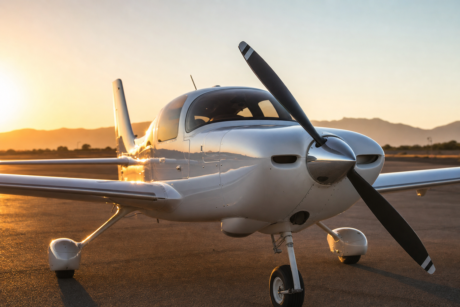 Small general aviation aircraft with glossy painted fuselage parked on a tarmac at golden hour