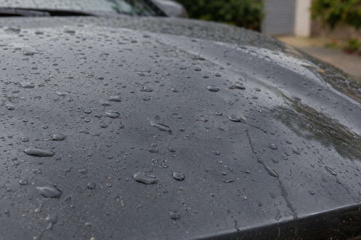 Rain water beading on a ceramic coated dark grey car hood