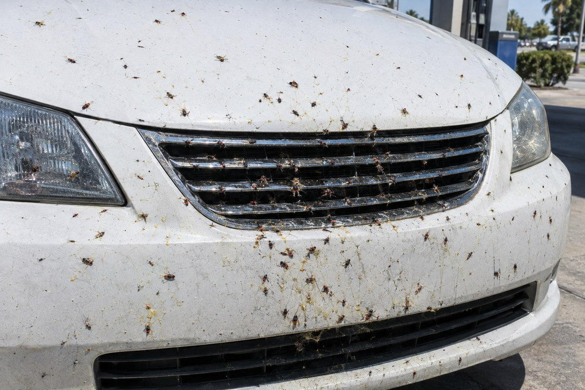 Lovebugs splattered across the front bumper, grille and hood of a white car