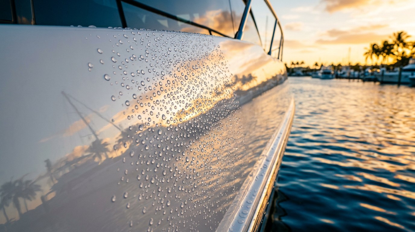 Water droplets beading tightly on a glossy white ceramic-coated fiberglass boat hull at sunset in a tropical marina showing extreme hydrophobic protection
