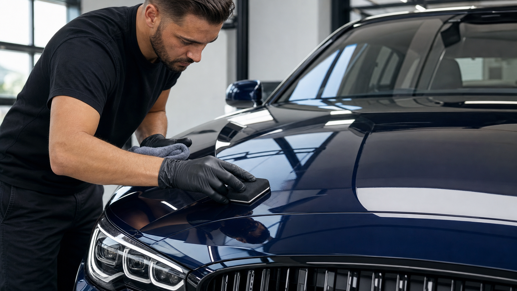 Detailer in black gloves applying ceramic coating to a navy car hood with an applicator pad