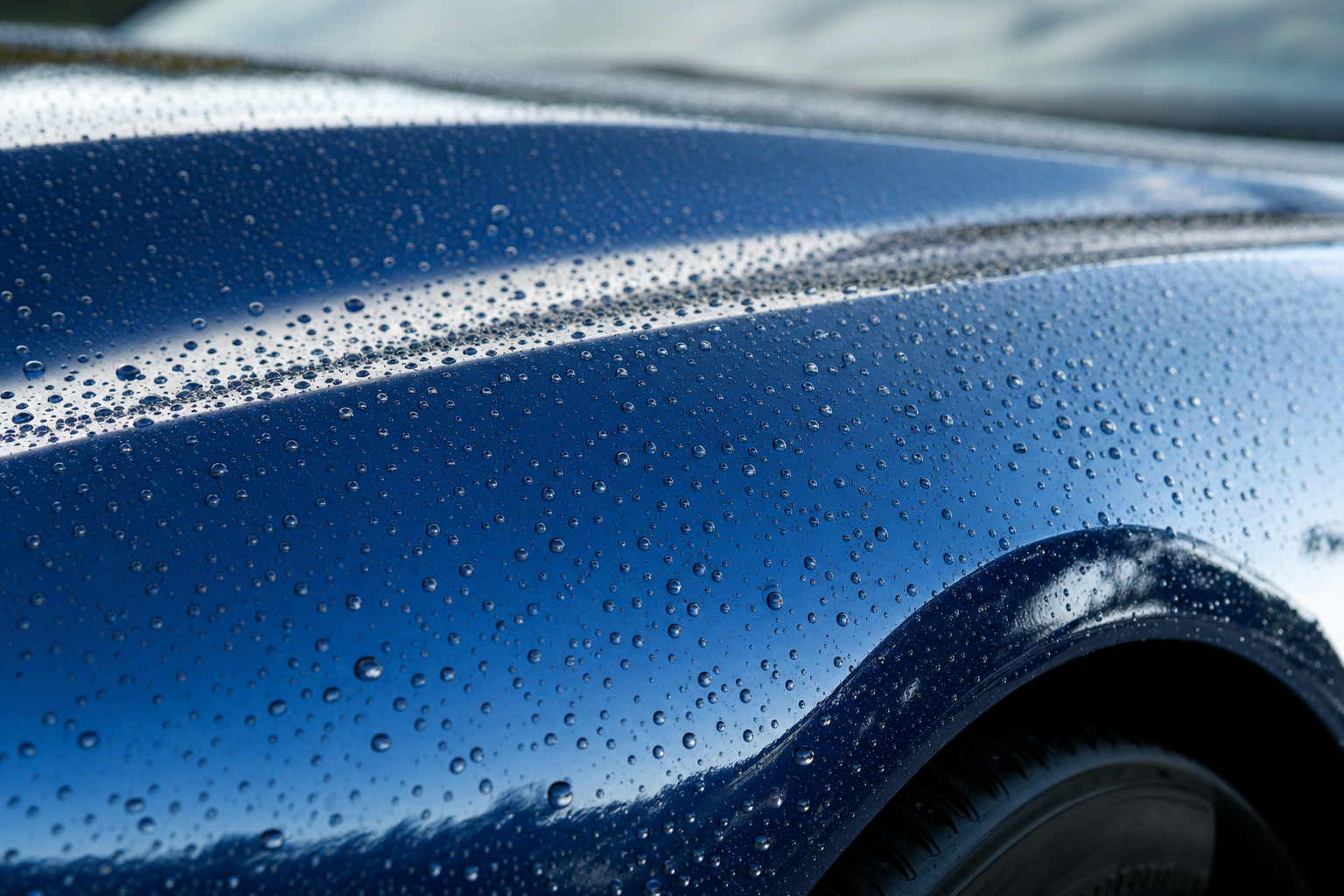 Water beading on a glossy deep blue car fender after ceramic coating protection