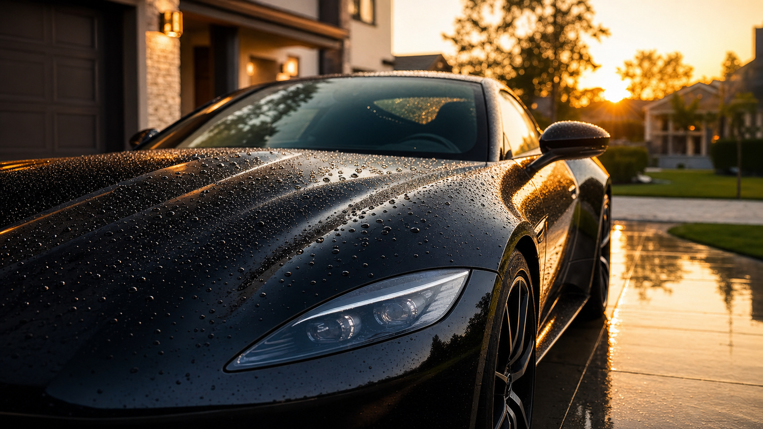 Black sports car on a wet driveway at golden hour with tight water beading on the hood