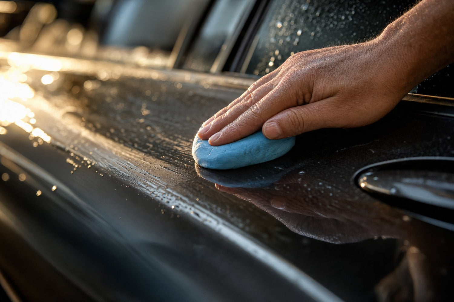 Hand pressing a blue clay bar across a wet, glossy black car door panel with visible water lubrication in golden light