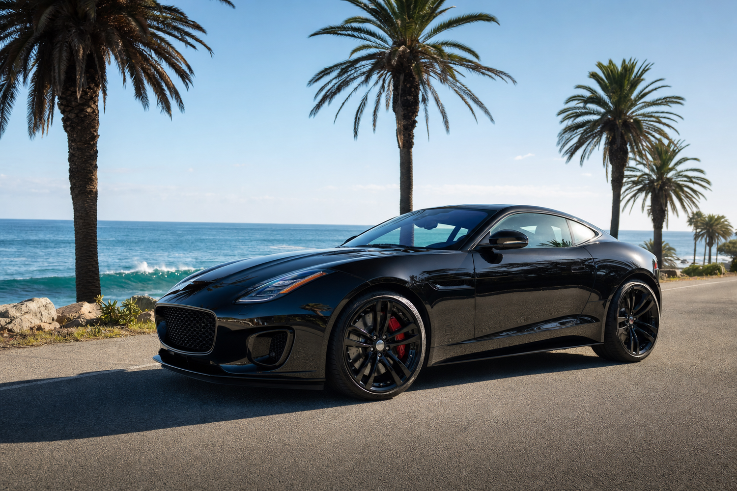 Glossy black sports car on a coastal road with ocean and palm trees