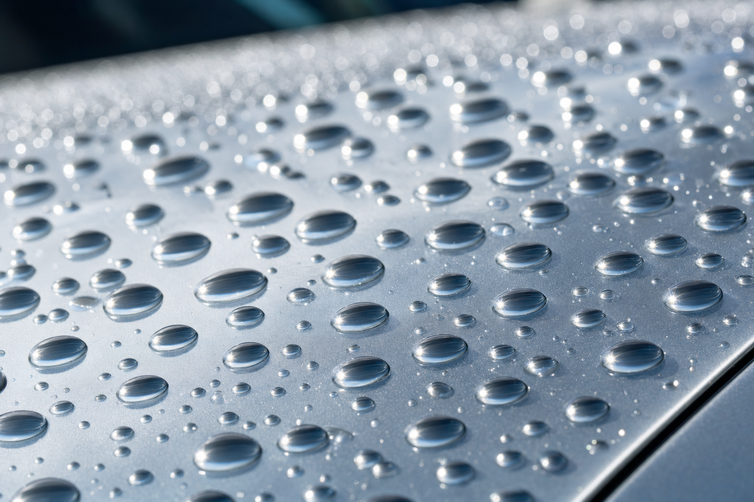 Extreme close-up of tight water beading on a glossy silver coated car hood