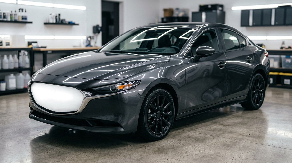 Freshly ceramic coated dark sedan curing inside a clean detailing garage under LED lights