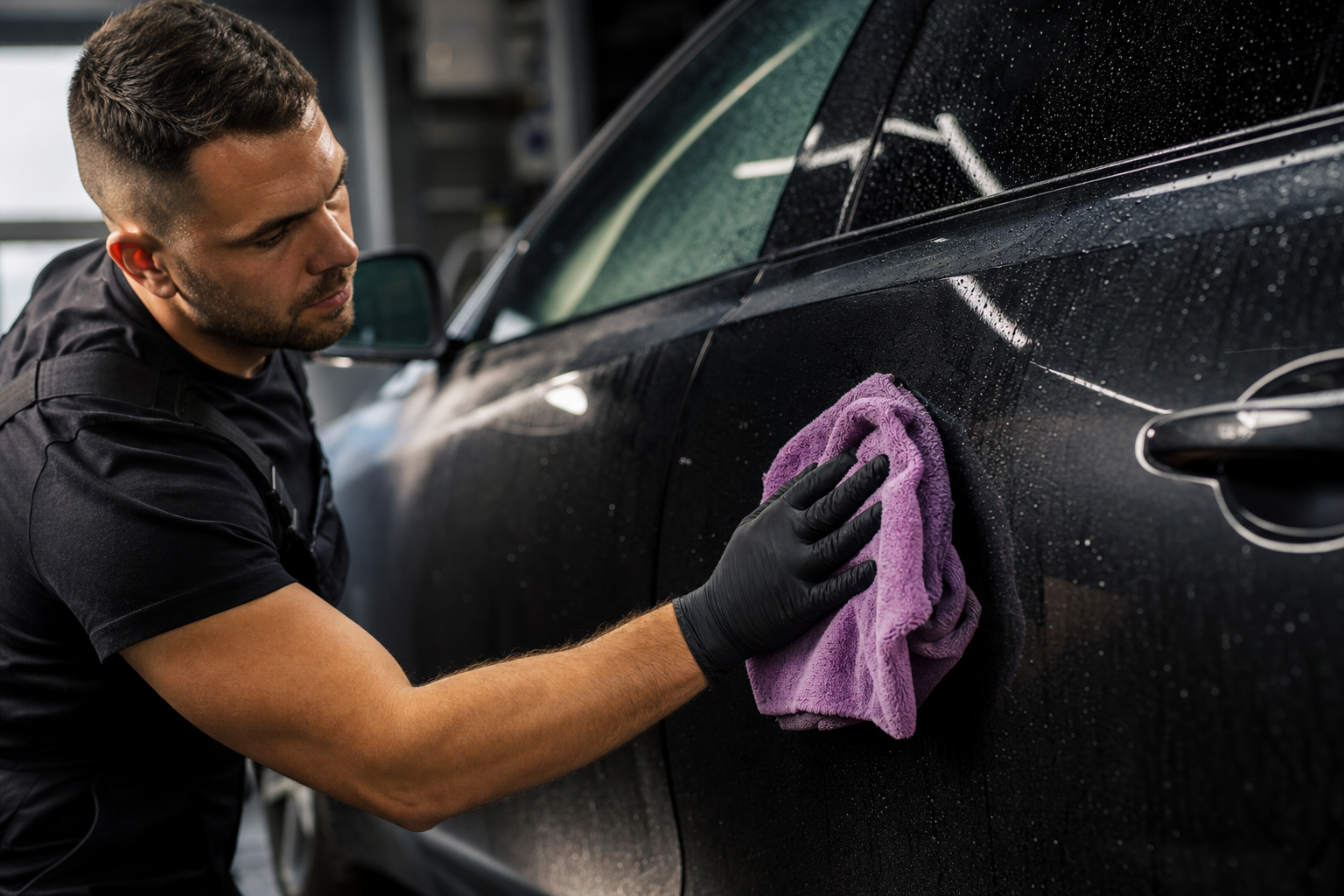 Detailer wiping down car paint with a microfiber towel during chemical decontamination before ceramic coating