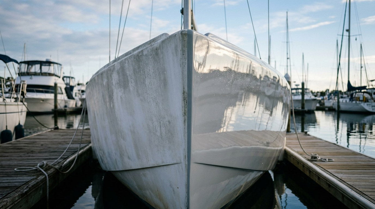 Split view of an oxidized chalky white boat hull versus a freshly polished mirror-shine gelcoat showing what boat polish can restore