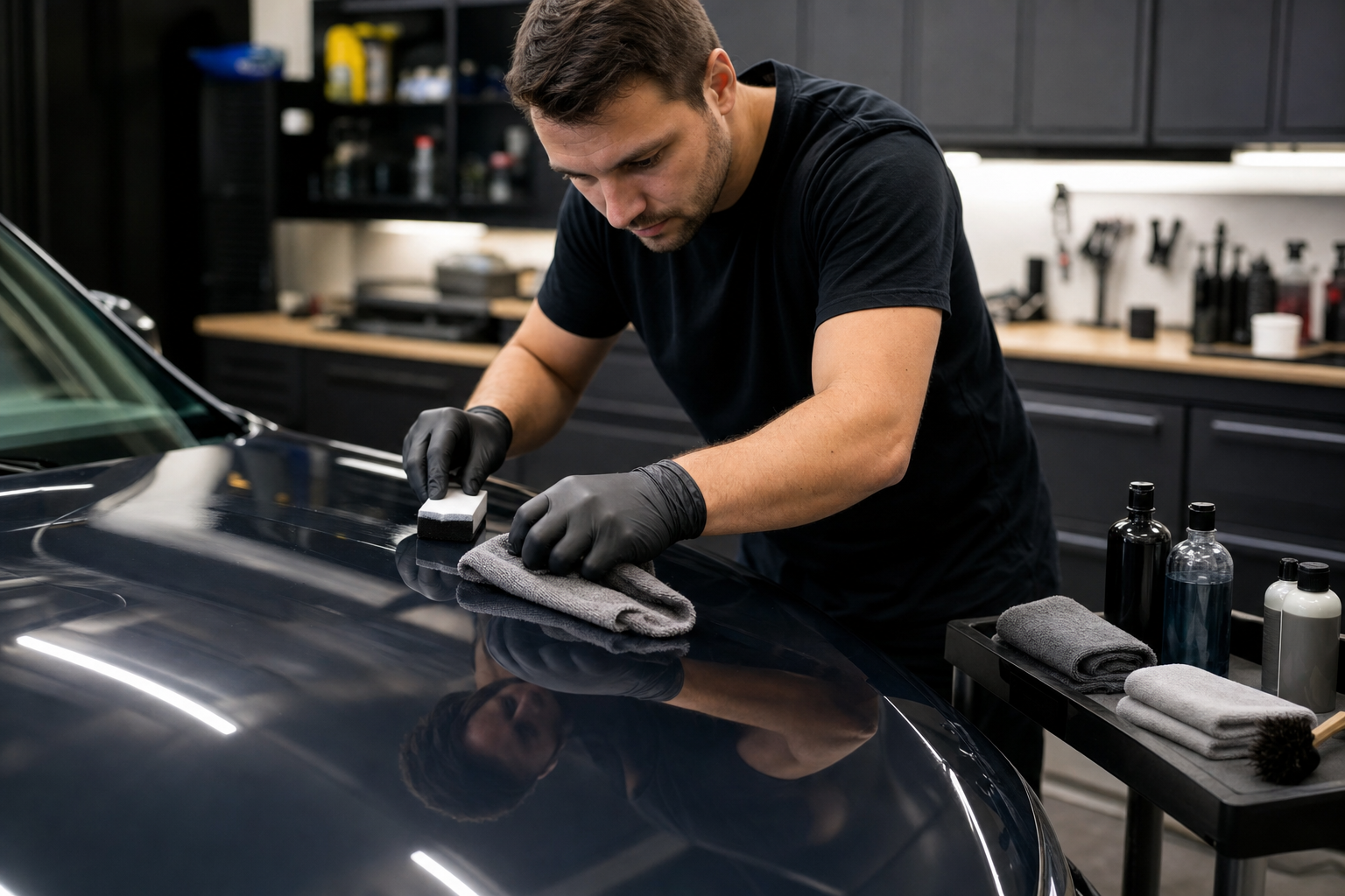 Person applying ceramic coating to a glossy dark car hood in a home garage