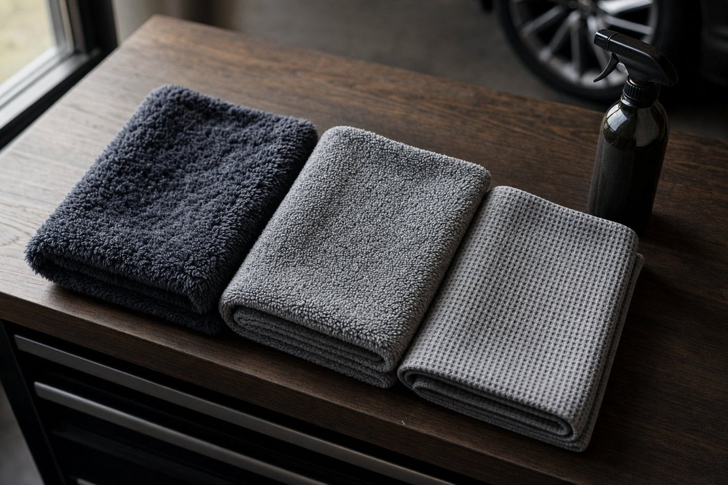 Three car drying towels in different weaves plush twisted loop and waffle folded on wood bench