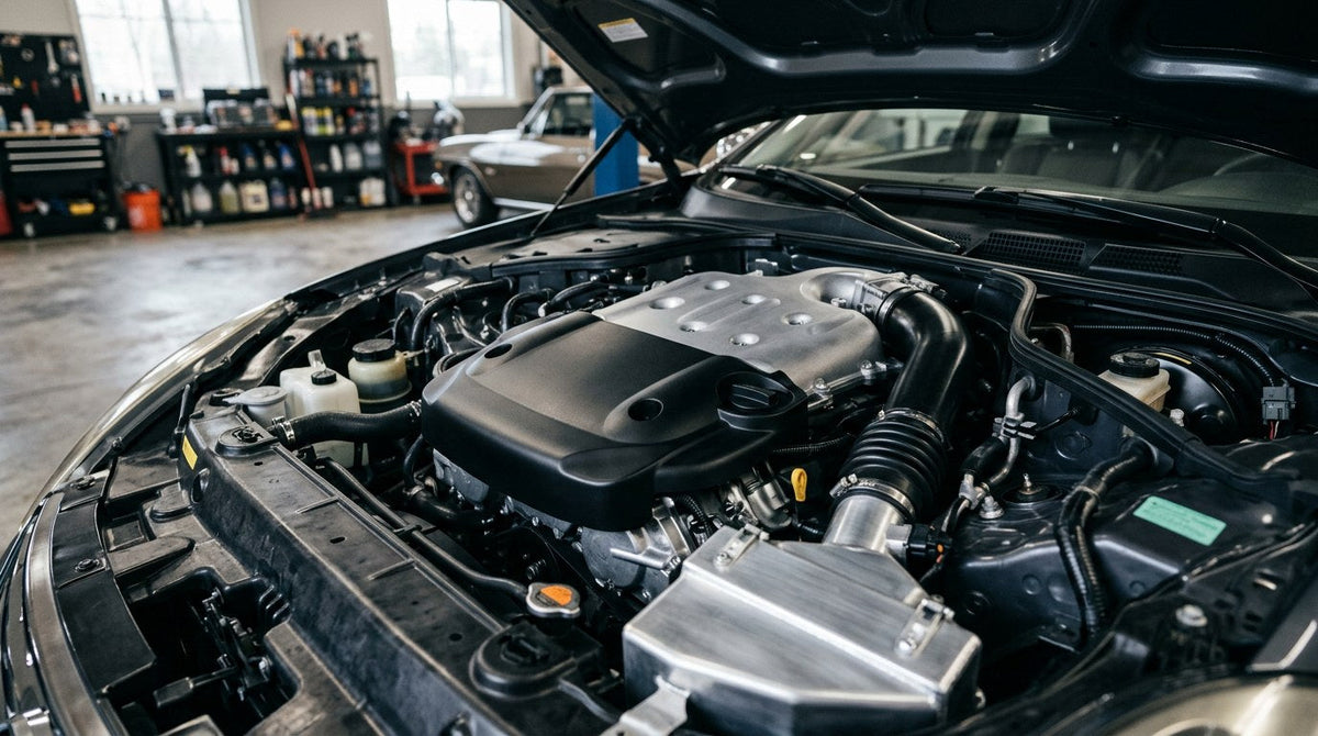 Spotlessly detailed engine bay with dressed plastic covers and clean hoses under a raised hood