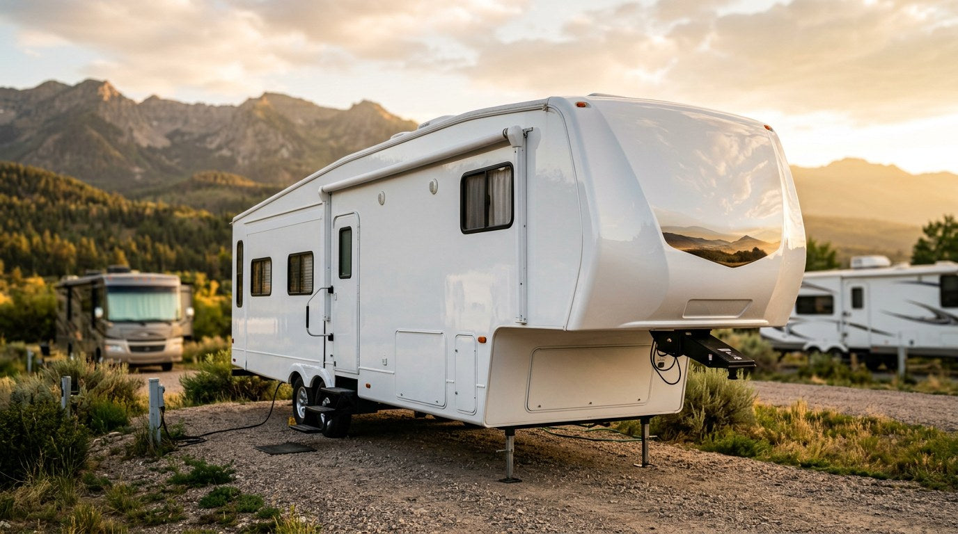 Freshly ceramic coated white fifth wheel travel trailer with glossy fiberglass front cap parked at golden hour in a mountain campground