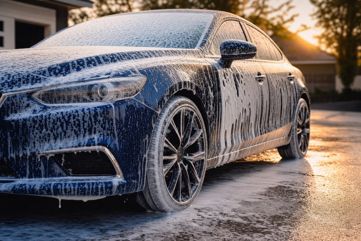 Dark blue sedan covered in thick white snow foam pre-wash suds in driveway at golden hour