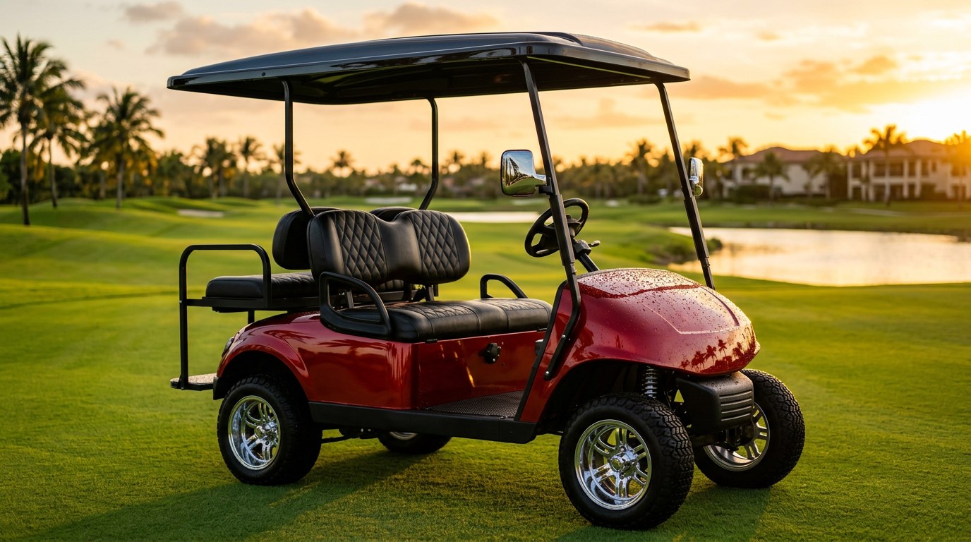 Glossy candy red lifted 4-seat custom golf cart with chrome wheels parked on a tropical golf resort fairway at sunset with water beading on the front cowl from ceramic coating protection