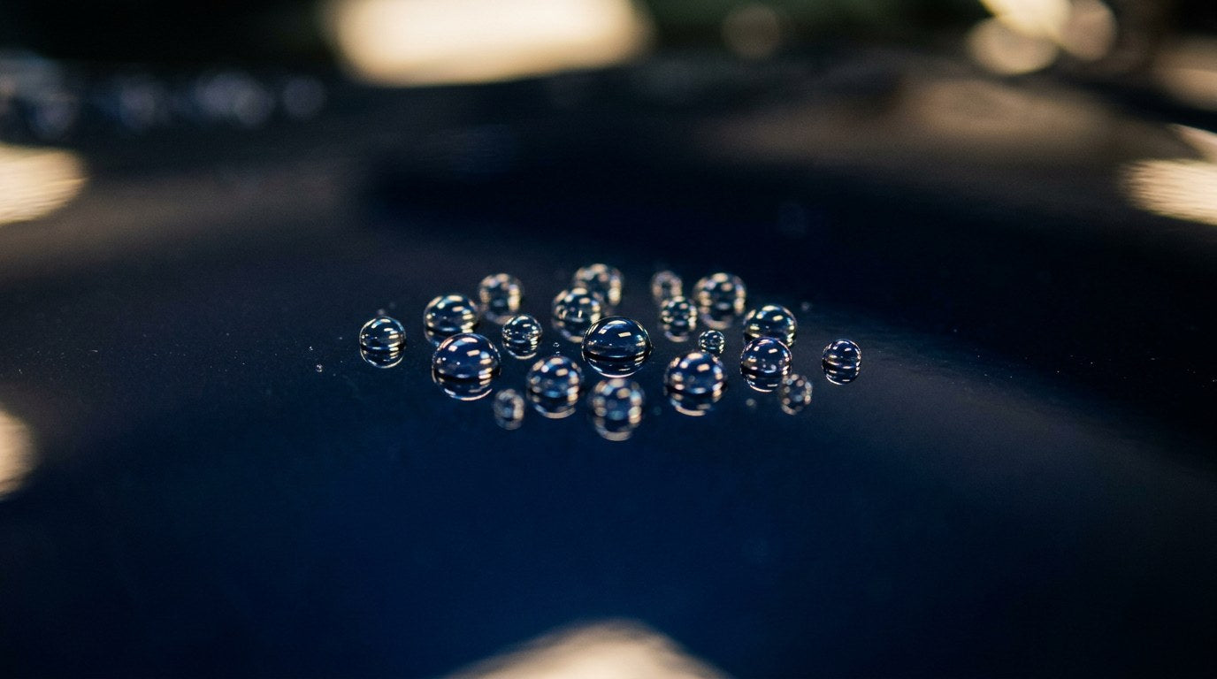 Extreme macro of tight round hydrophobic water beads on a freshly cured ceramic-coated dark blue car hood showing complete HCC curing