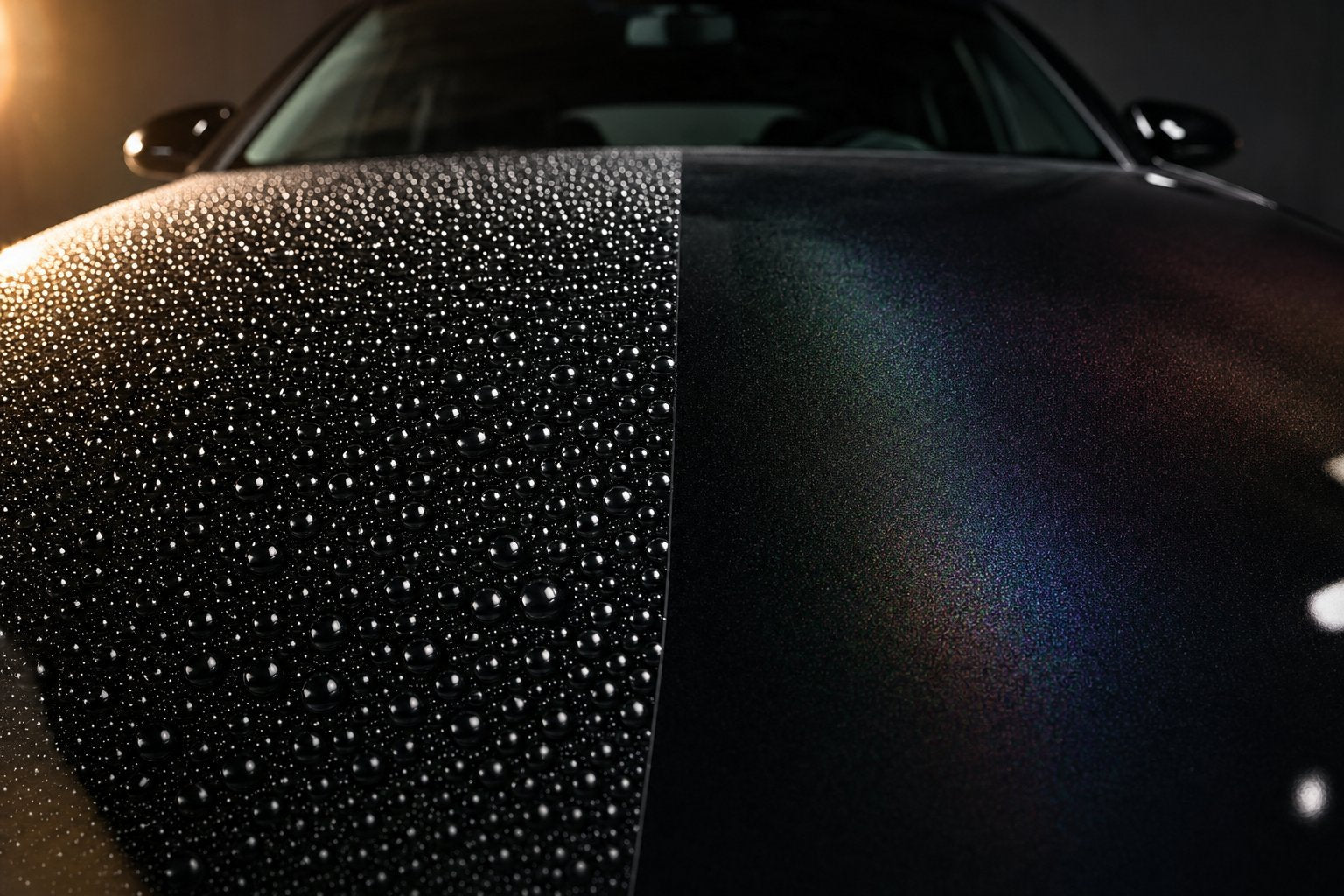 HCC hybrid ceramic coating vs graphene coating water beading comparison on black car hood