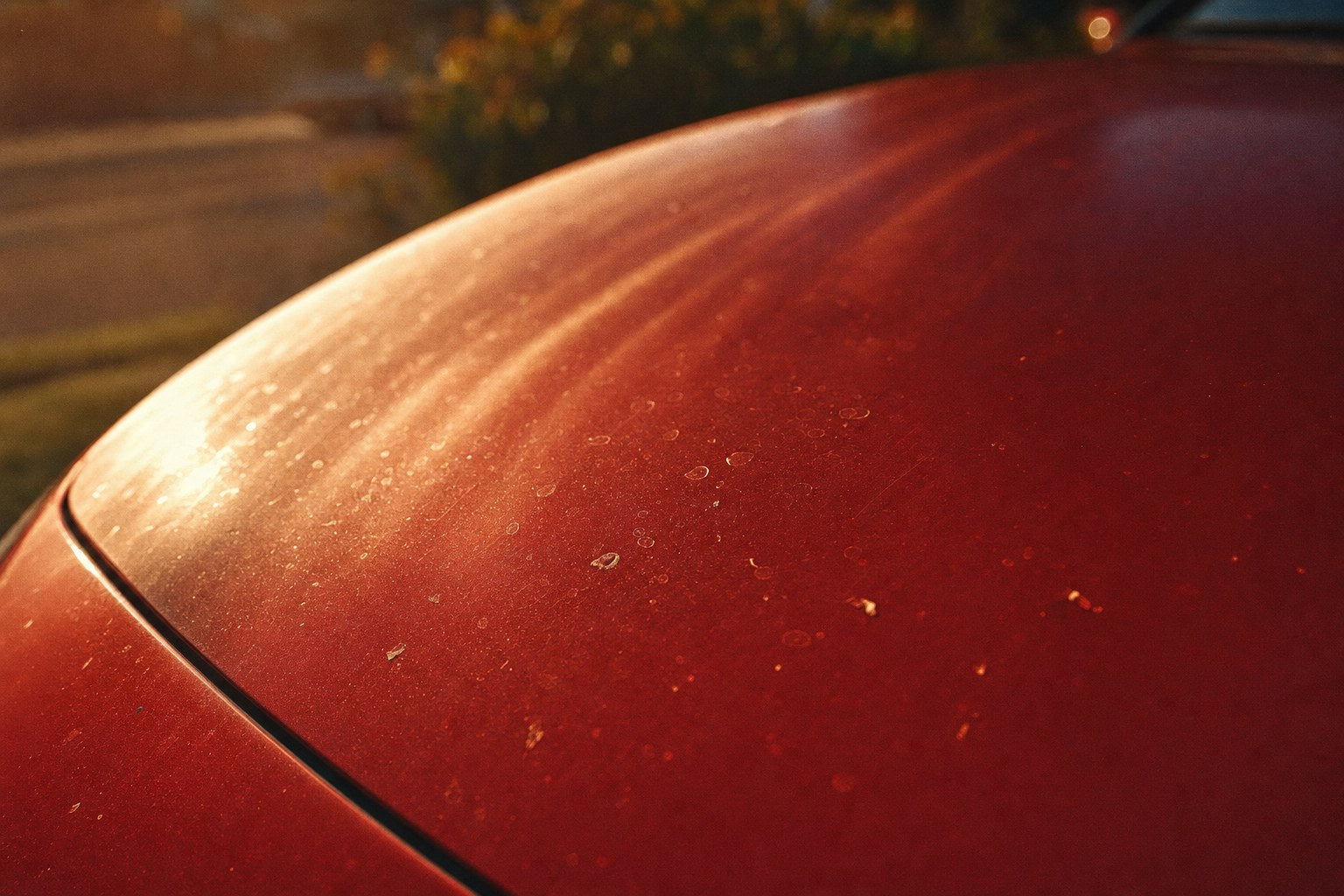 End of summer red car paint showing UV oxidation, water spots, and bug residue before recovery detail