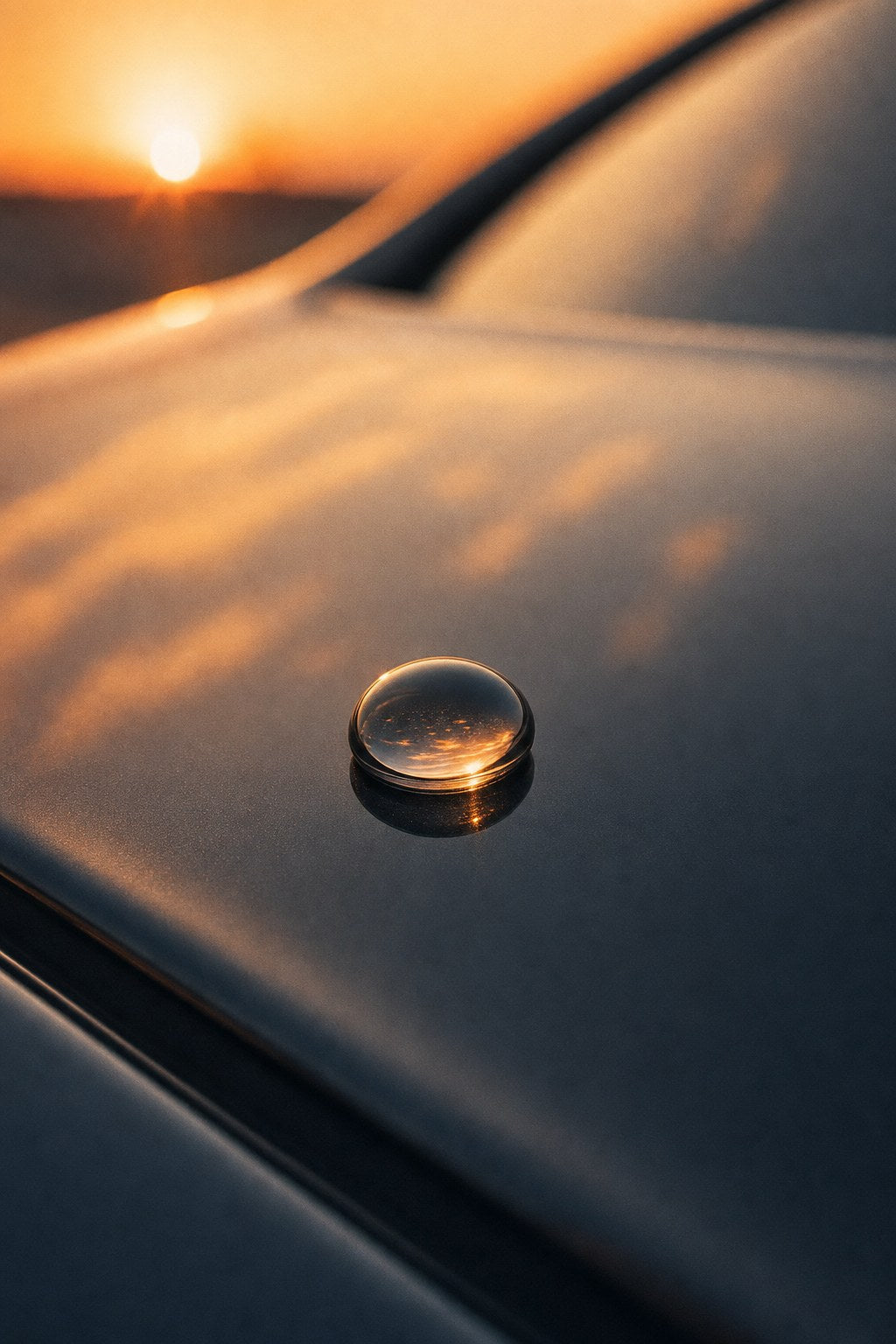 Water bead on glossy black car paint at sunset showing ceramic coating hydrophobic effect vs ceramic spray