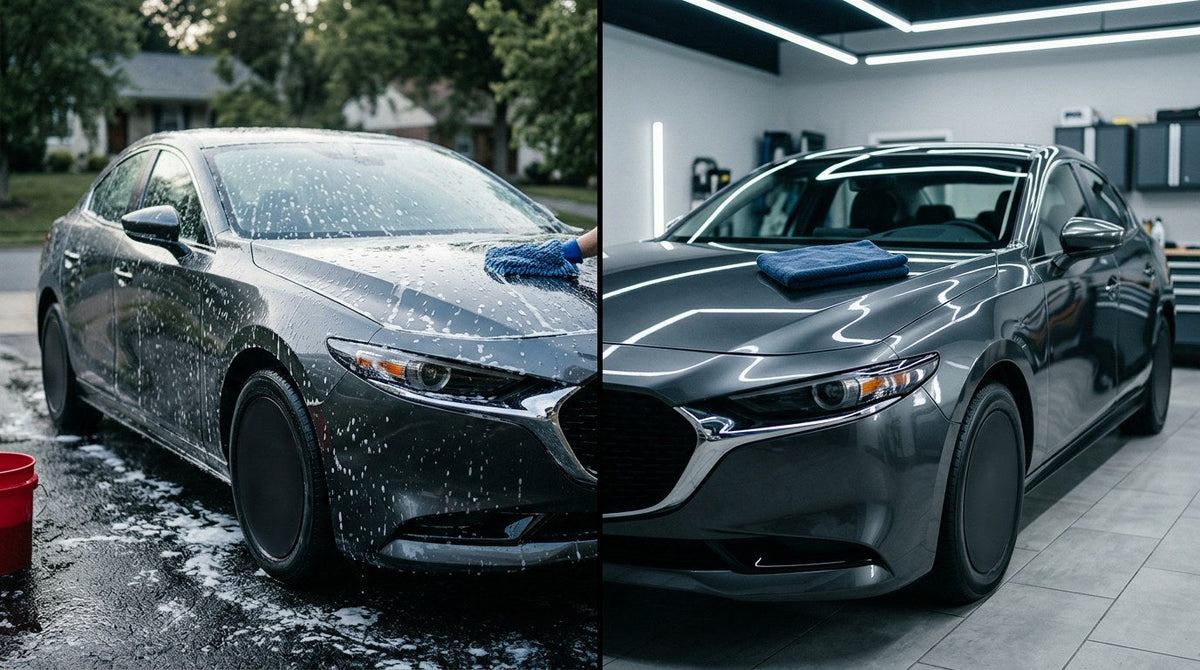 Side-by-side comparison of car wash vs car detailing on a modern sedan