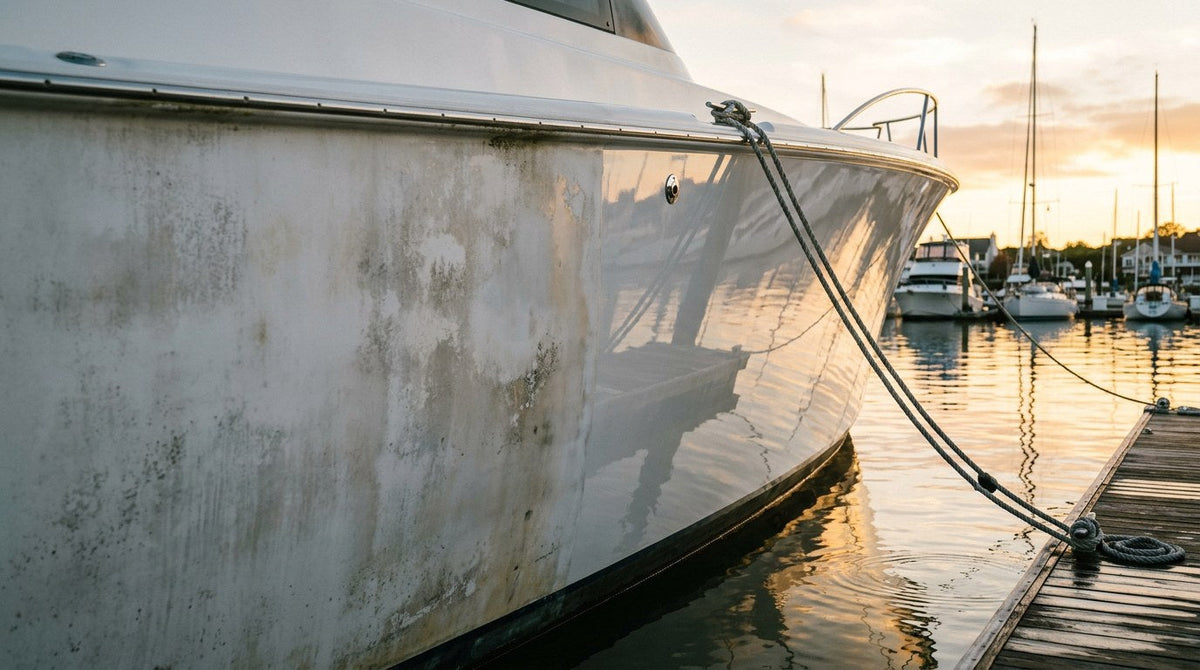 Half-polished fiberglass boat hull showing chalky oxidized gel coat on one side and restored mirror gloss on the other side at a marina