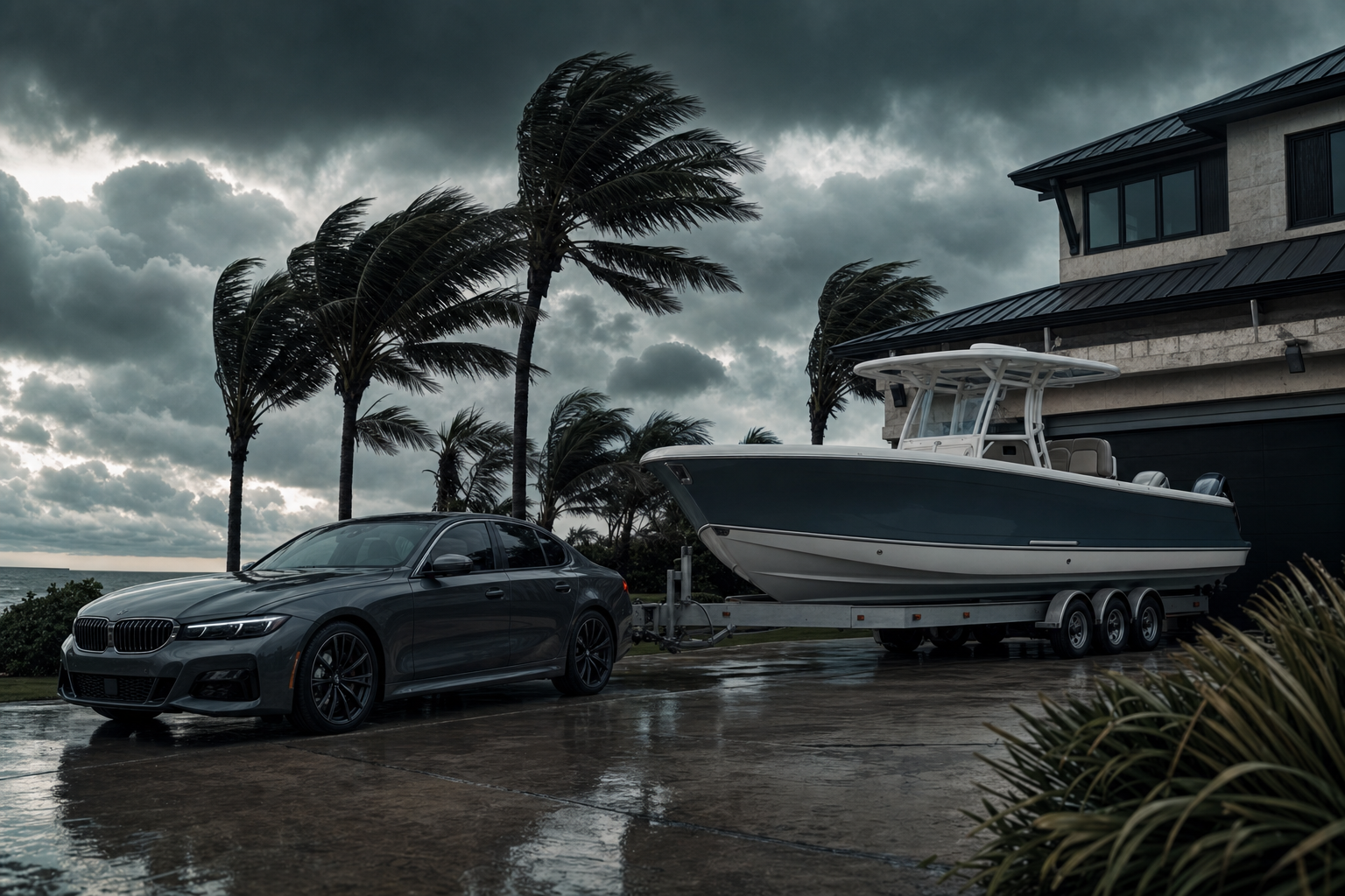 Car and boat secured in a driveway before an approaching hurricane storm