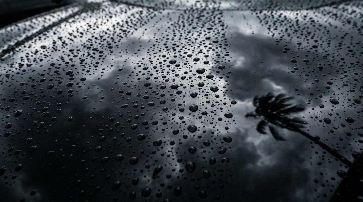Dense raindrops beading tightly on a ceramic-coated jet black car hood surface with dark storm clouds and a palm tree bending in strong wind reflected in the mirror-glossy paint during hurricane season car protection