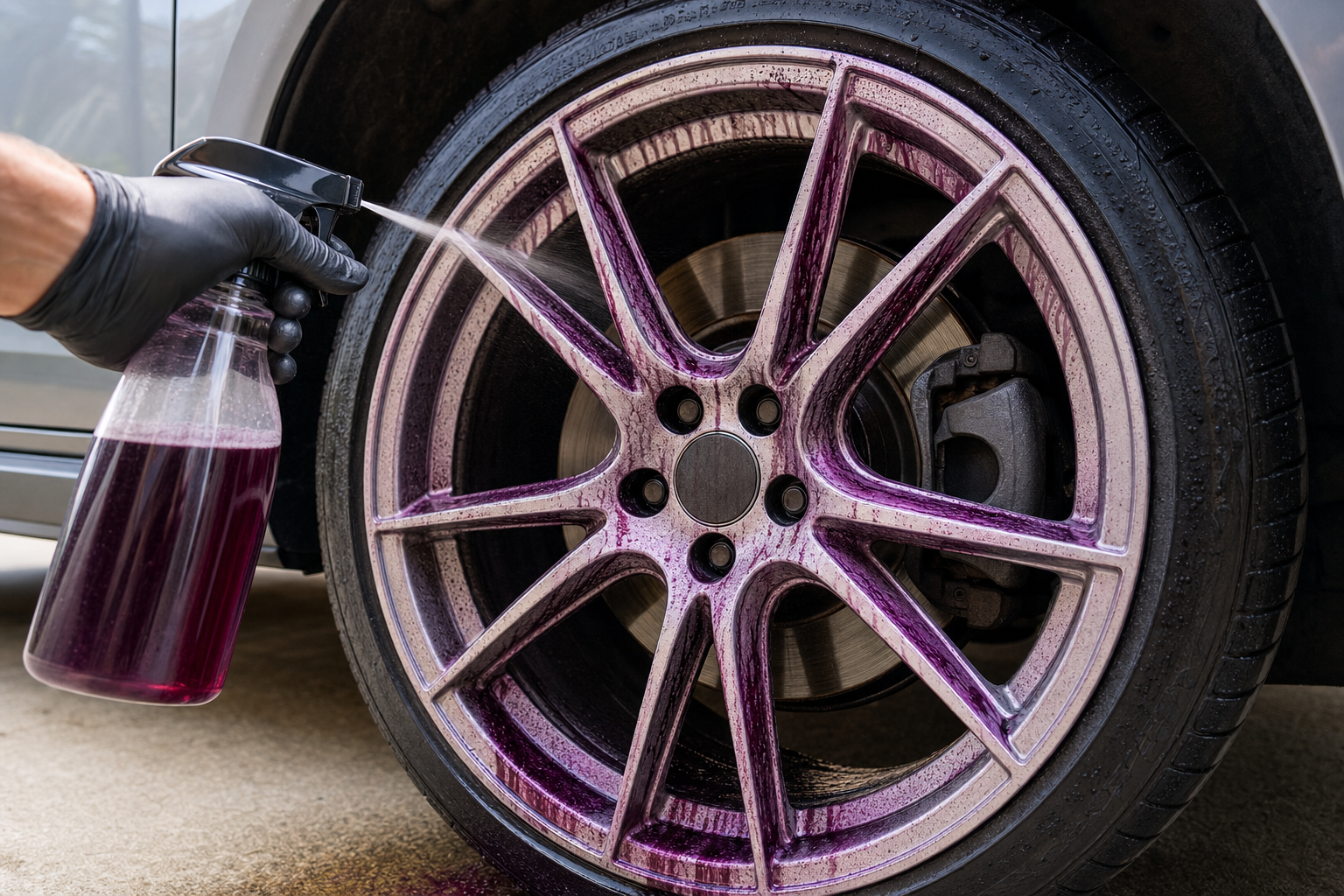 Iron fallout remover turning purple as it dissolves brake dust on a car alloy wheel