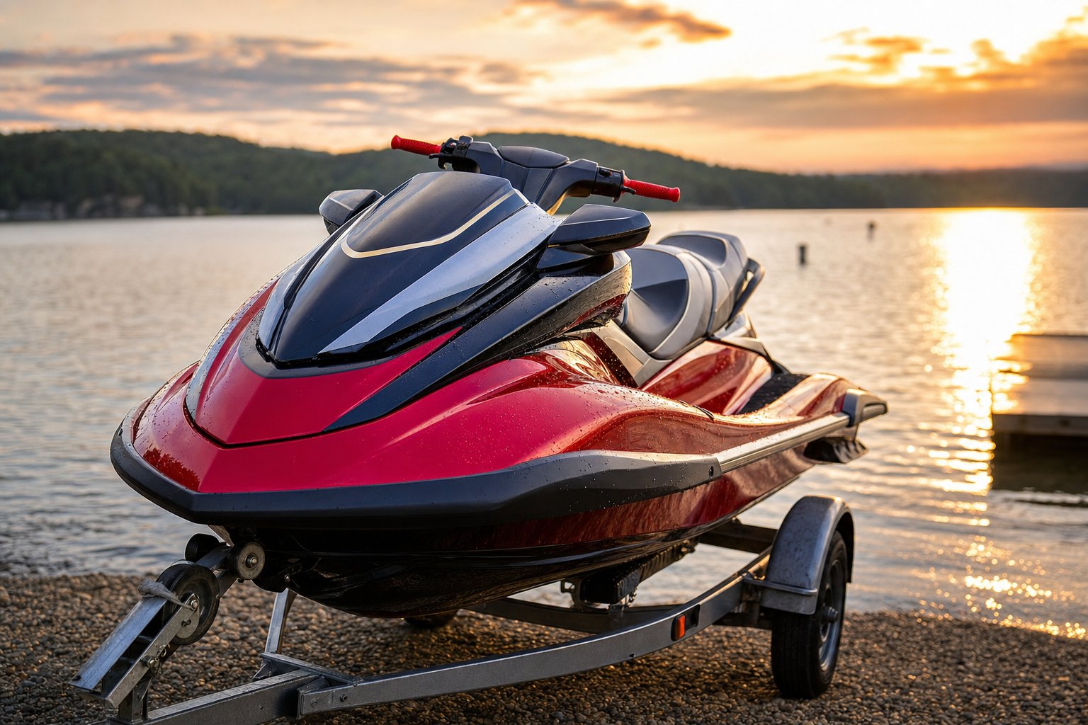 Jet ski with glossy gelcoat hull on trailer at sunset lakeside