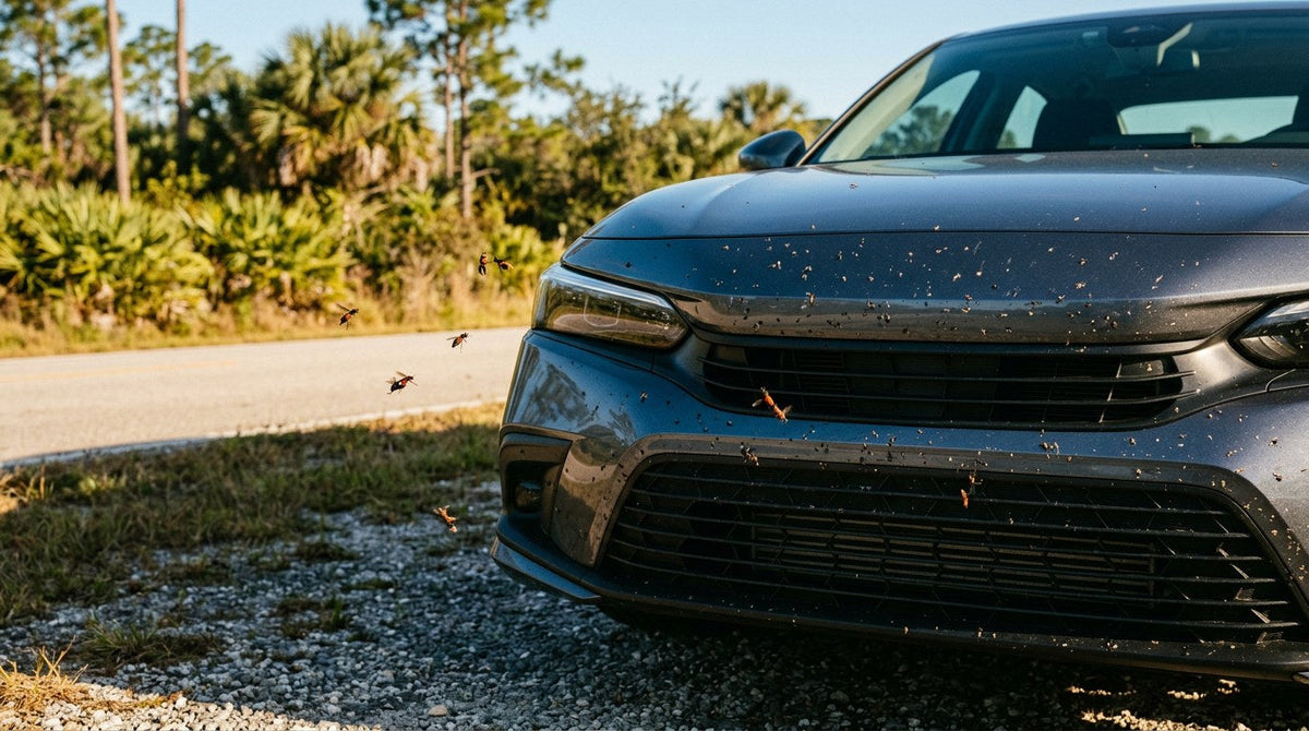 Lovebugs splattered on the front bumper and hood of a car along a Florida highway during September lovebug season