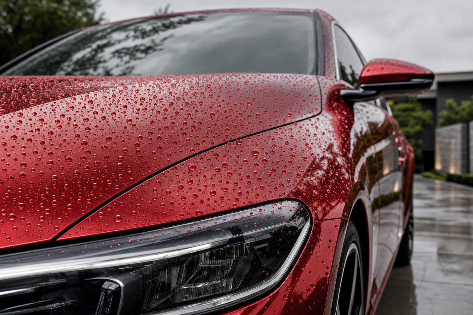 A glossy red ceramic-coated car beading water heavily after rain