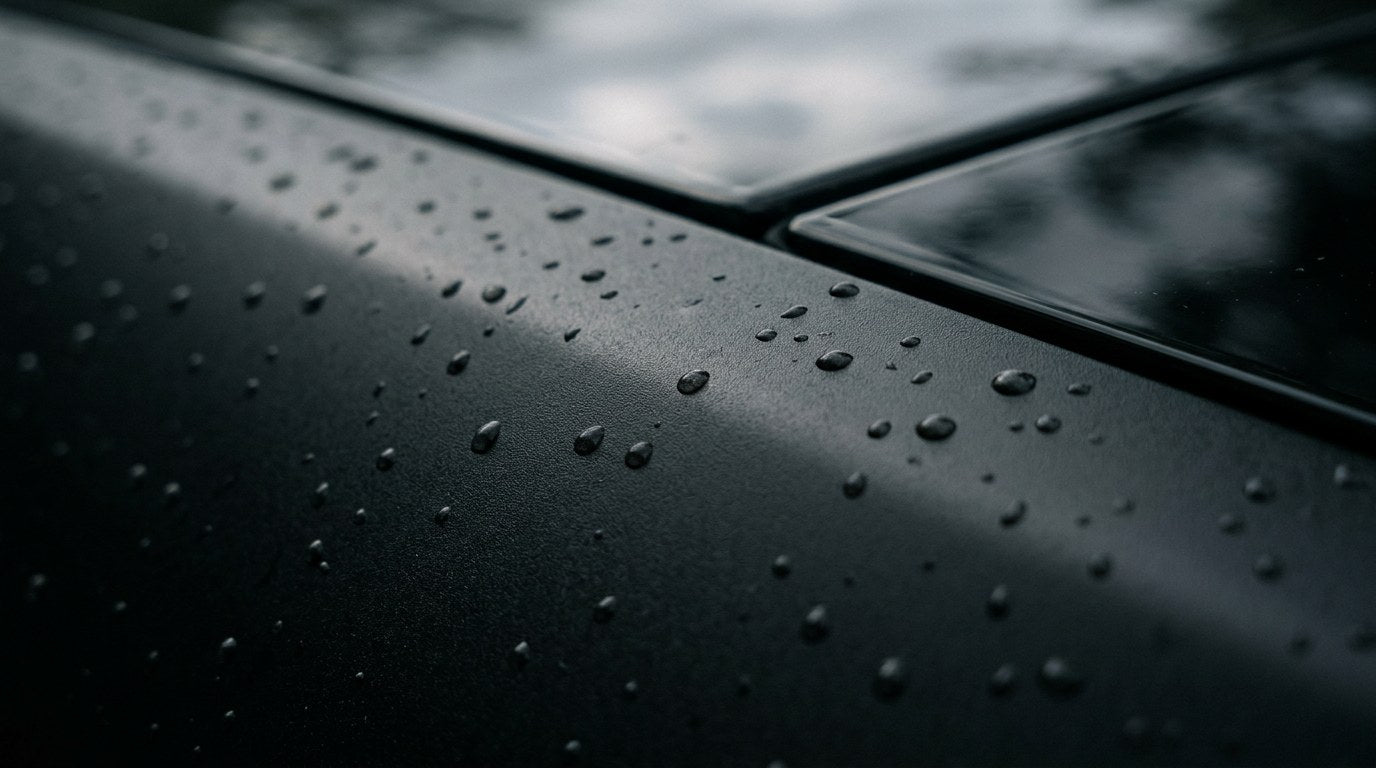 Extreme macro close-up of matte black car paint with small water droplets on the flat non-reflective satin finish next to glossy trim