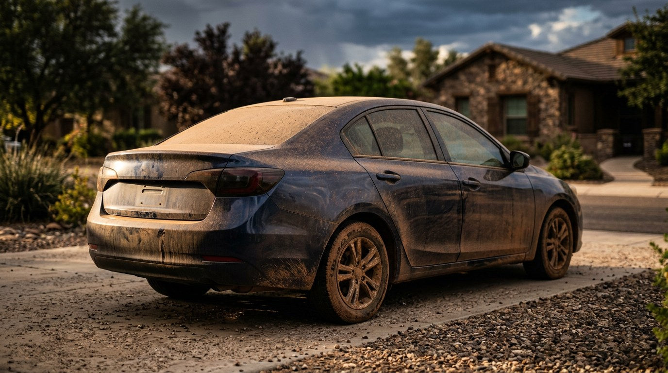 Dark blue sedan coated in fine reddish-brown dust film after a monsoon dust storm on a suburban driveway
