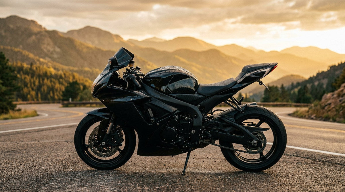 Glossy black sport motorcycle with visible water beading on the tank parked at sunset showing the hydrophobic effect of a motorcycle ceramic coating
