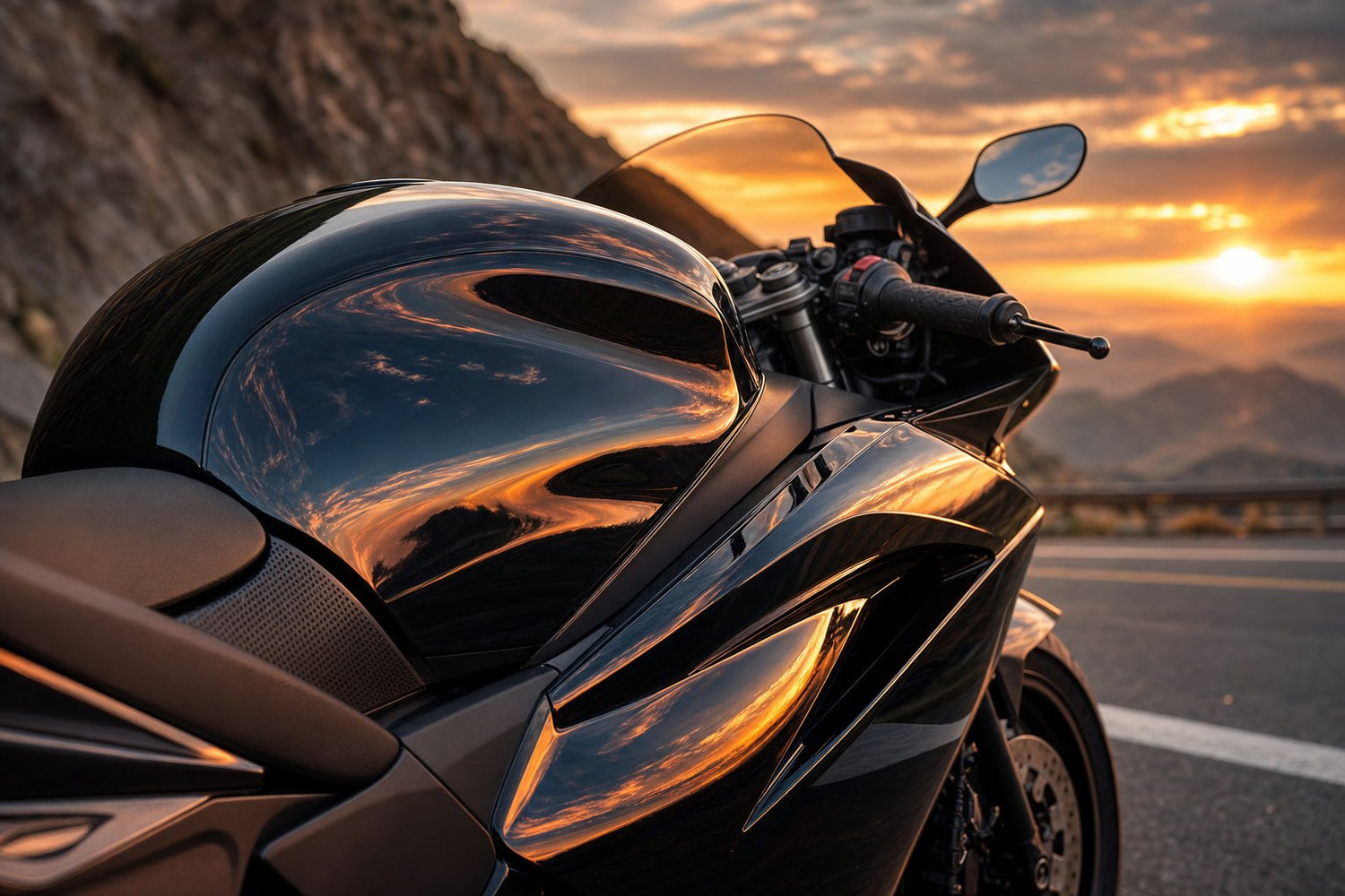 Black sport motorcycle fuel tank and fairings with glossy paint reflecting sunset sky on mountain road